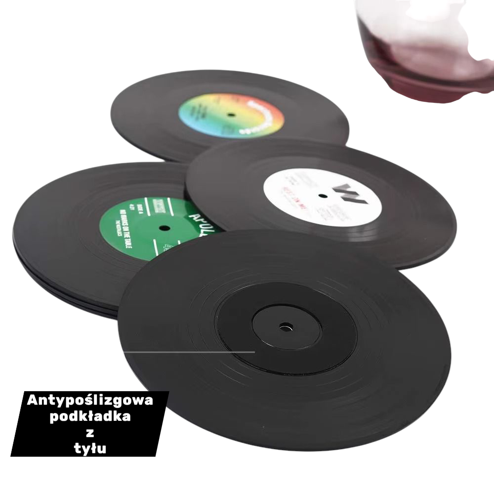 VinylVibe™ - ZESTAW RETRO WINYLOWYCH PODSTAWEK POD NAPOJE!