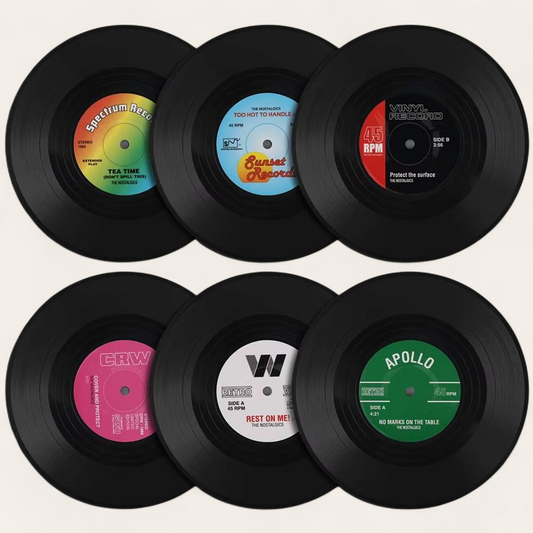 VinylVibe™ - ZESTAW RETRO WINYLOWYCH PODSTAWEK POD NAPOJE!