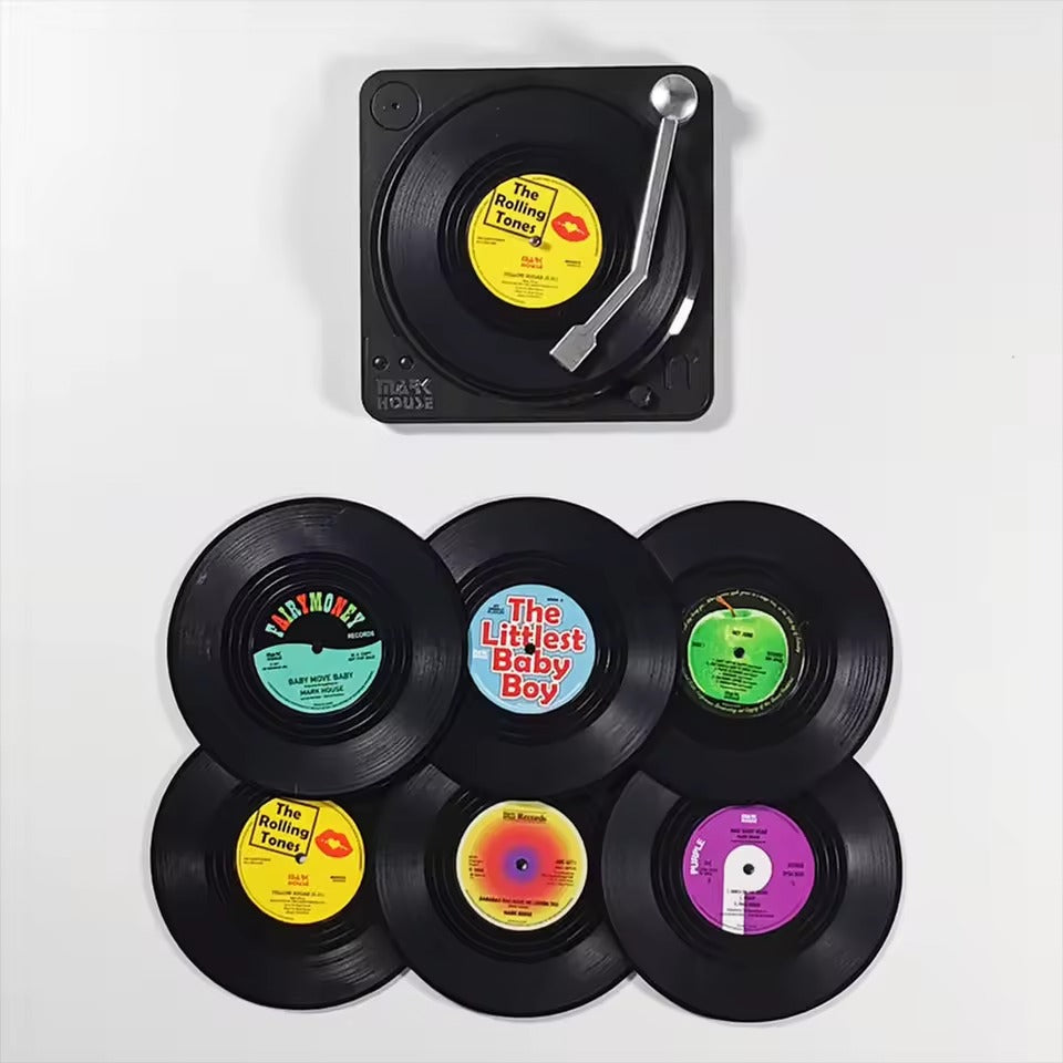VinylVibe™ - ZESTAW RETRO WINYLOWYCH PODSTAWEK POD NAPOJE!